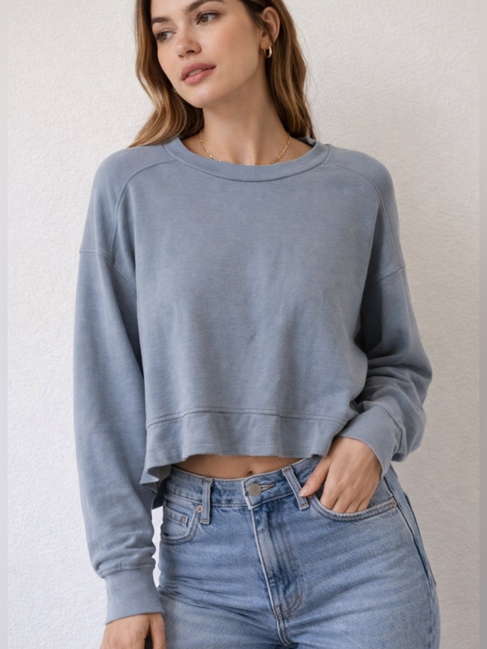 Blue French Terry Cropped Sweatshirt Boxy Lounge Pullover Crew Neck Clean Girl